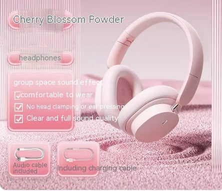 Universal Bluetooth Headset Music Device - Pink headphones with cherry blossom powder theme on a pink background