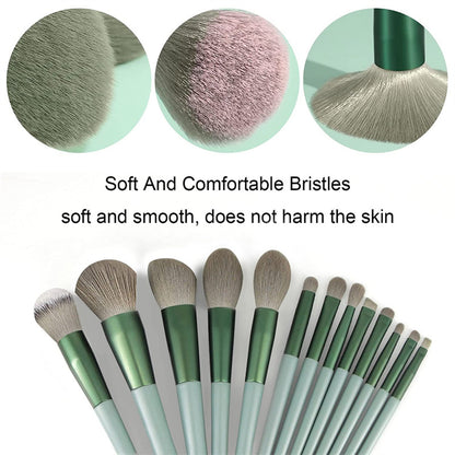 Set of makeup brushes with close-up shots of soft bristles and text highlighting their comfort.