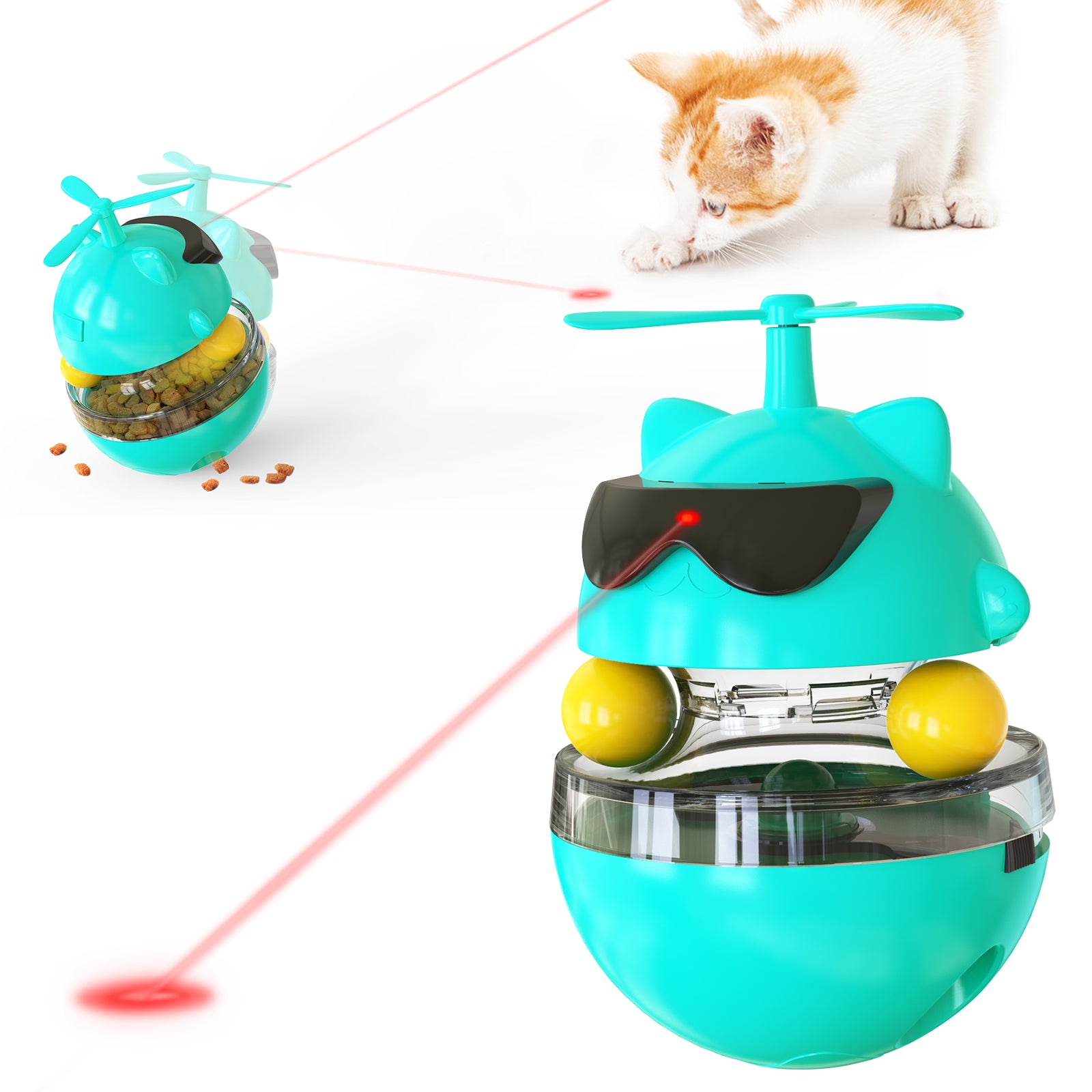 Turquoise cat toy with yellow balls and a laser pointer, with a cat in the background.