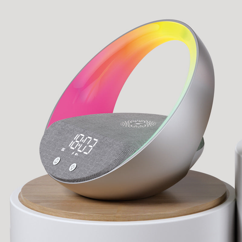 Colorful circular device with digital display on a white background