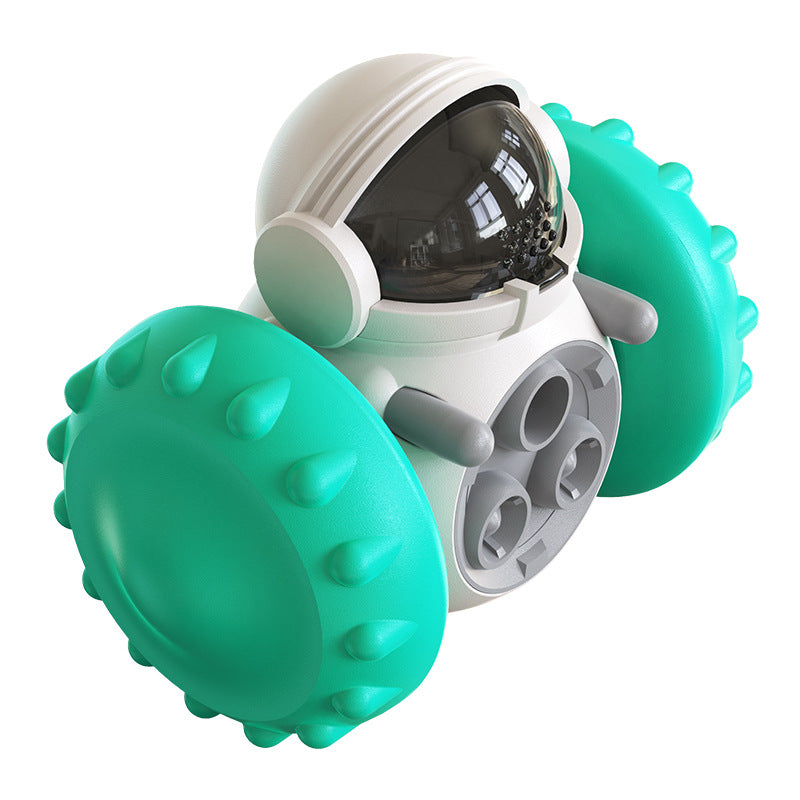 Toy robot with green wheels on a white background