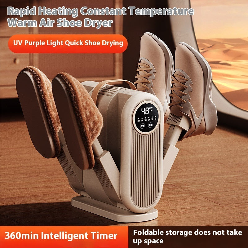 Shoe dryer with shoes on a wooden surface, featuring text about rapid heating, constant temperature, and UV light.