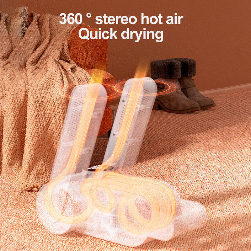 Hot air dryer with boots on a brown background, highlighting '360° stereo hot air' and 'Quick drying'.