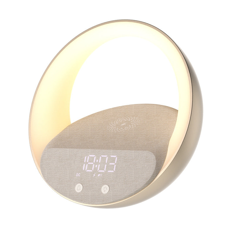 Round clock with digital display on a white background
