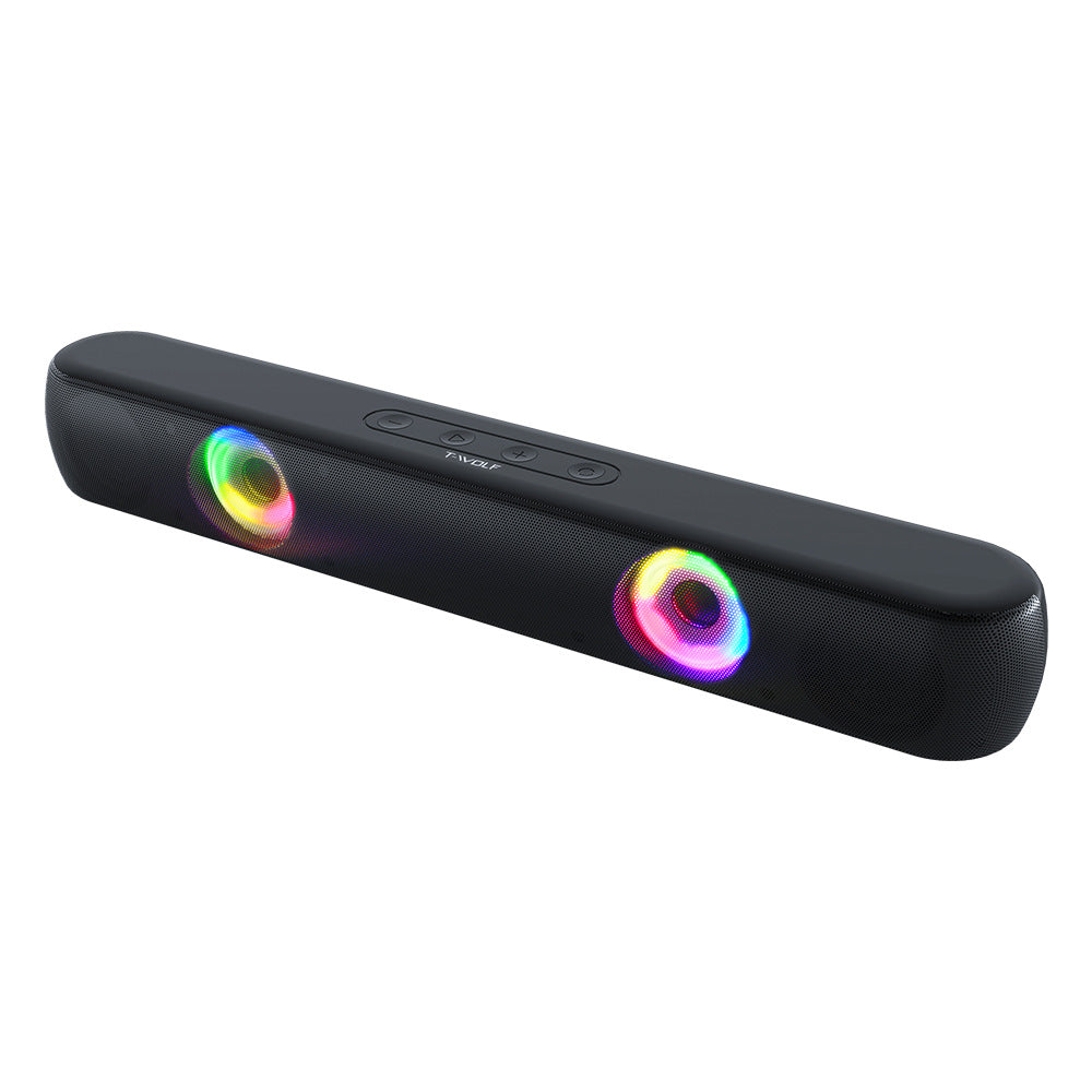 Black soundbar with RGB lights on a white background