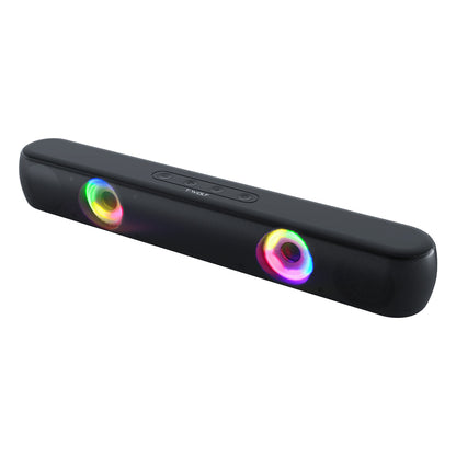 Black soundbar with RGB lights on a white background