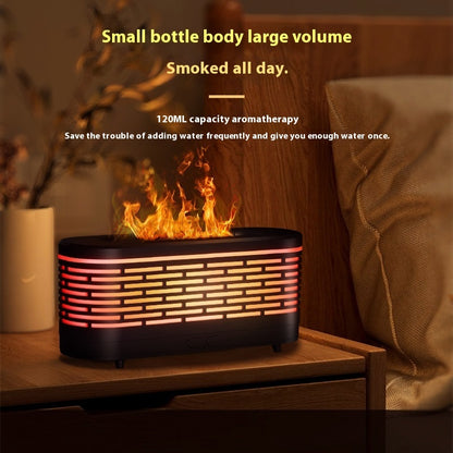 Aromatherapy diffuser with flames on a wooden surface, surrounded by a cozy indoor setting.