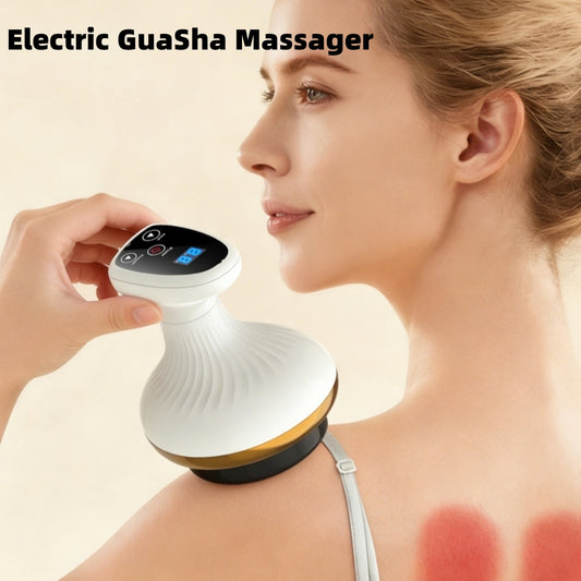 Electric GuaSha Massager being used on a person's shoulder with a blurred background