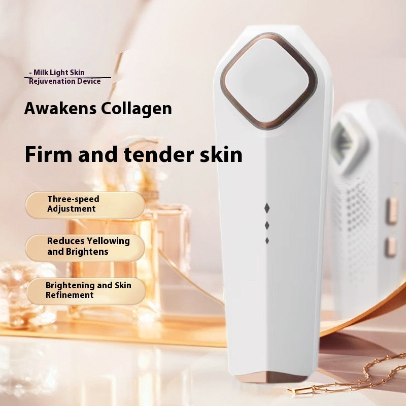 Skin rejuvenation device with text highlighting its benefits on a soft focus background