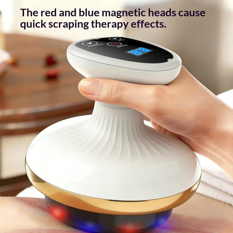 Hand holding a white device with red and blue magnetic heads, text about therapy effects.