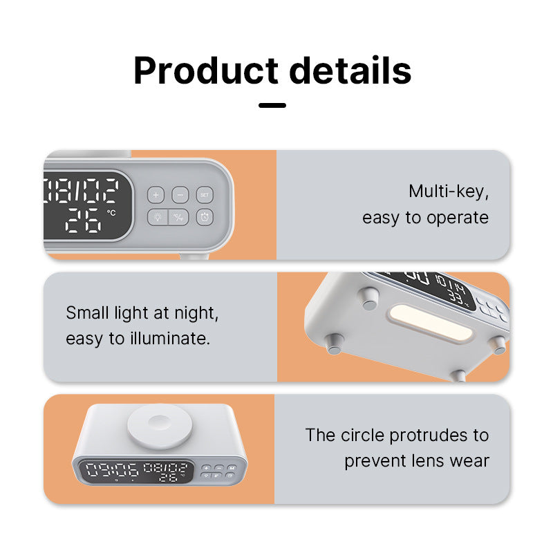 Product details of a digital clock with features highlighted on an orange background.