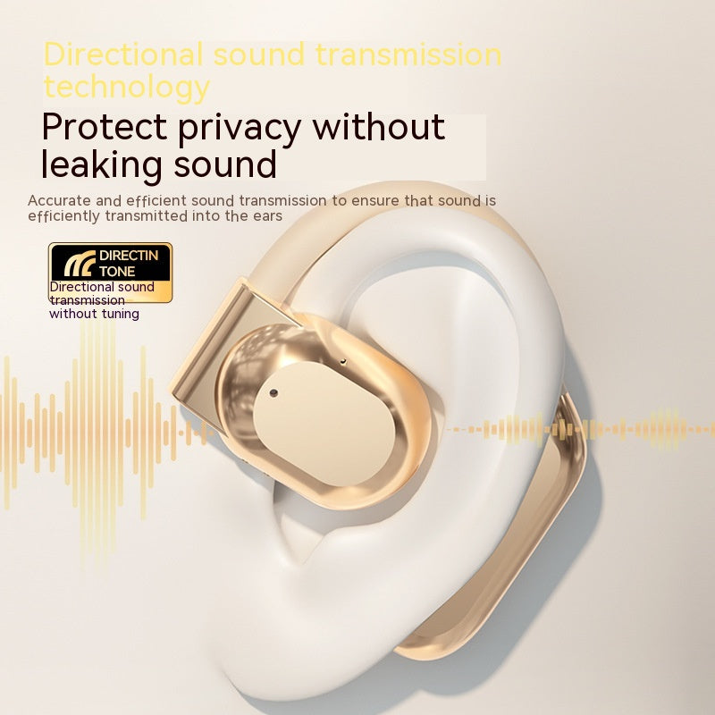 Air Conduction Wireless Ear-Hook Headset - White and gold earbud with directional sound transmission technology text on a light gray background