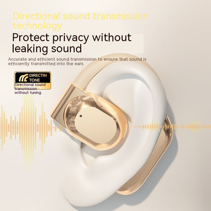 Air Conduction Wireless Ear-Hook Headset - White and gold earbud with directional sound transmission technology text on a light gray background