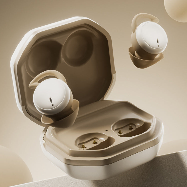Ultra-Long Battery Bluetooth Sleep Headset - Beige wireless earbuds with charging case on a neutral background