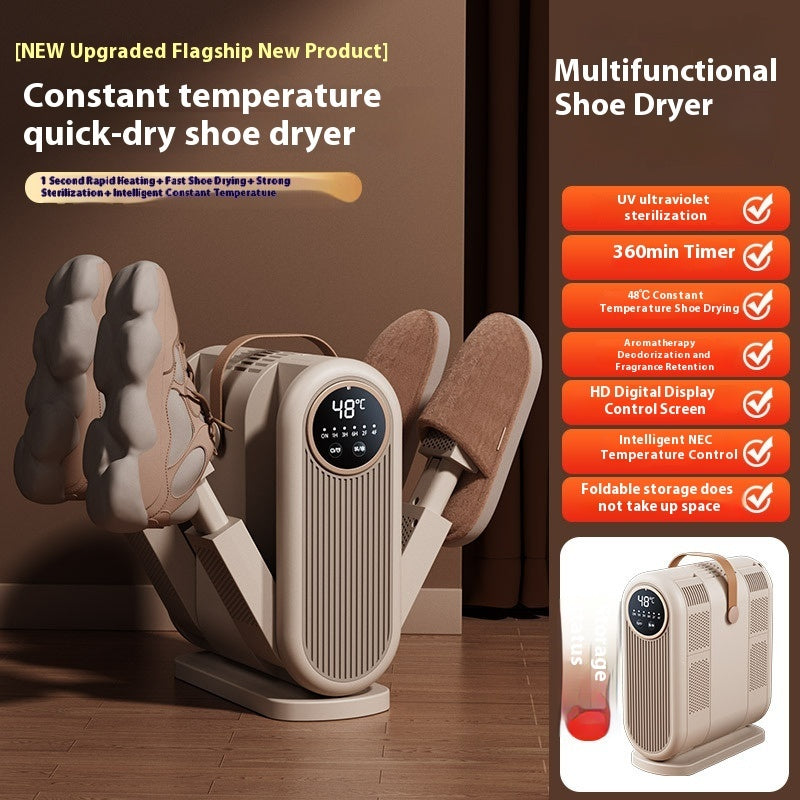 Multifunctional shoe dryer with digital display and shoe storage feature, shown with shoes on a wooden floor.