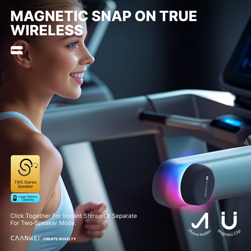 Woman using a phone holder with magnetic snap-on true wireless feature, brand 'Phone Holder' visible.