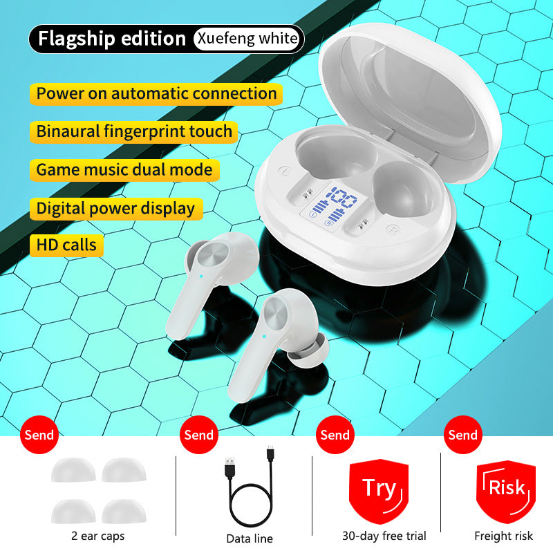 Low Latency Wireless Bluetooth Headset - Wireless earbuds with charging case on a blue geometric pattern background