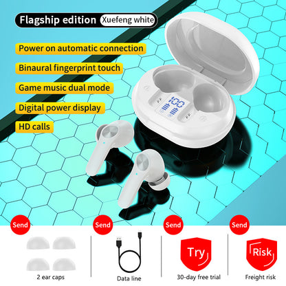 Low Latency Wireless Bluetooth Headset - Wireless earbuds with charging case on a blue geometric pattern background