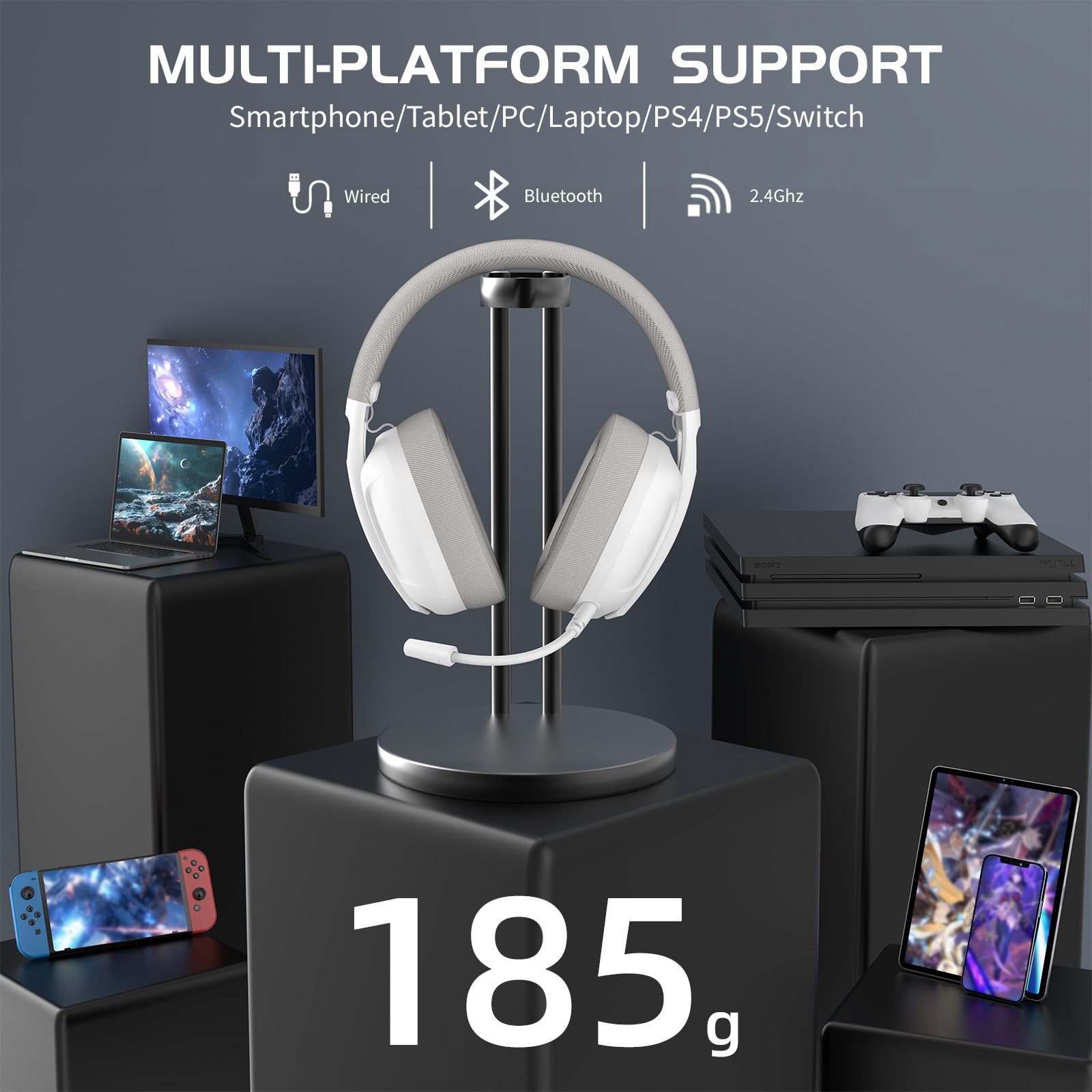 Triple-Mode Wireless Gaming Headset Microphone - White gaming headset on a stand with electronic devices in the background, emphasizing multi-platform support.