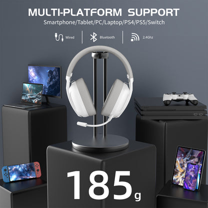 Triple-Mode Wireless Gaming Headset Microphone - White gaming headset on a stand with electronic devices in the background, emphasizing multi-platform support.