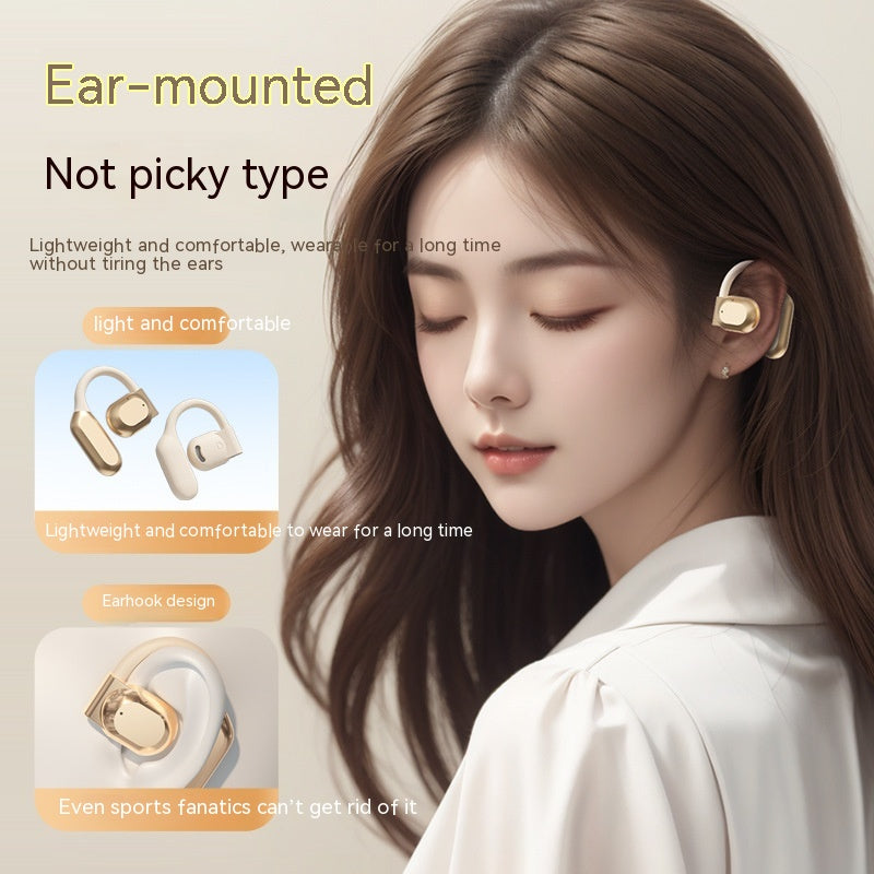 Air Conduction Wireless Ear-Hook Headset - Woman wearing ear-mounted headphones with product features highlighted on a beige background