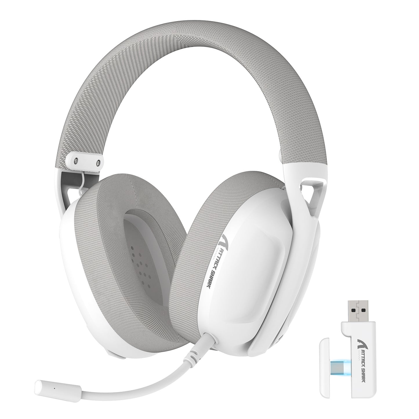 Triple-Mode Wireless Gaming Headset Microphone - White gaming headset with USB adapter on a white background