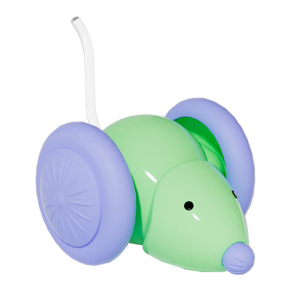 Green toy mouse with purple wheels on a white background
