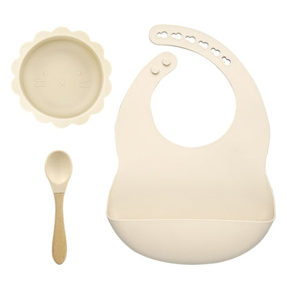 BPA Free Baby Silicone Tableware Waterproof Bib Flexible Saliva Towel Solid Color Sucker Bowl And Spoon For Children